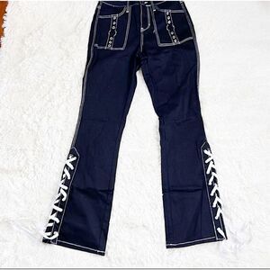 Hot Topic Denim high rise carpenter lace up wide leg pants Size Large